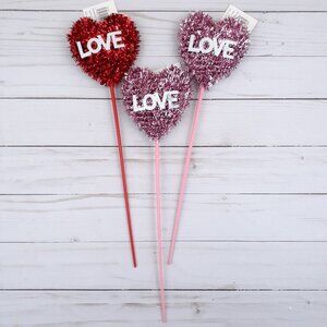 Valentines Day Heart Pick Set of 3 Love Pink Red 13 inch